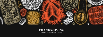 Thanksgiving food banner design in color. With roasted turkey, cooked vegetables, rolled meat, baking cakes and pies sketches. Vintage autumn food template. Vector Thanksgiving day background.
